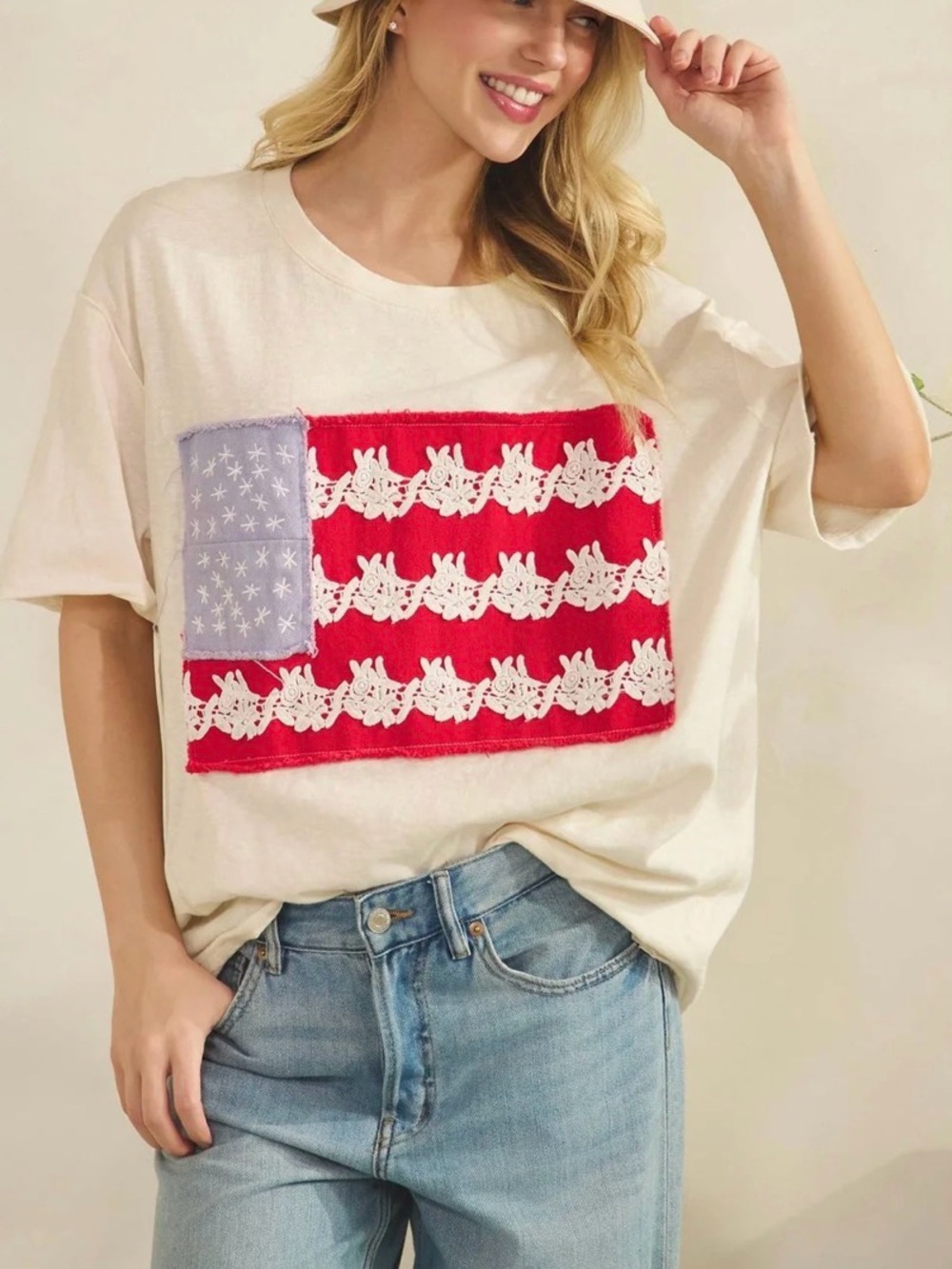 Sage + Fig Cream Short Sleeve Tee with Red & Blue Flag with lace and patchwork